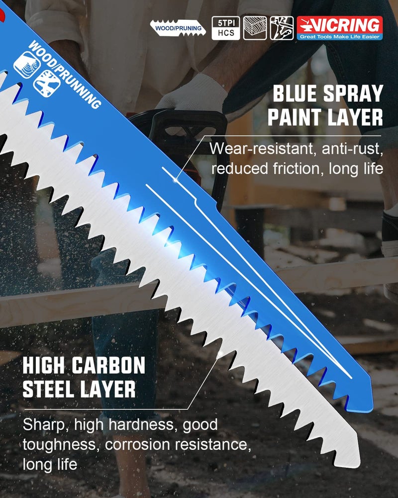 VICRING Reciprocating Saw Blades Sawzall Blades 12Inch for Wood Cutting Pruning Saw Blades 5TPI 5 Pack - Image 2